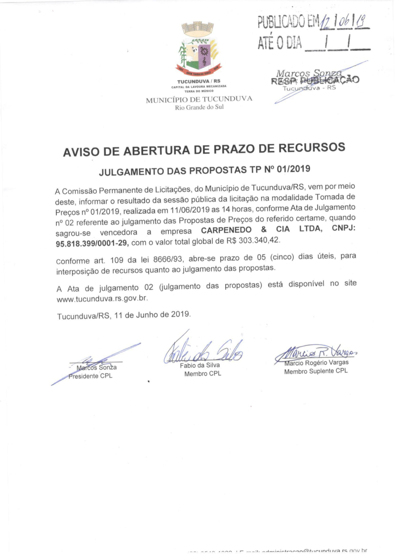 AVISO DE ABERTURA DE PRAZO DE RECURSOS(PROPOSTAS) TP Nº 01/2019